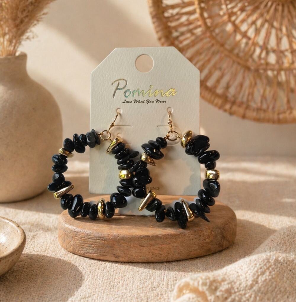 Pomina Black Gold Stone Round Earrings New